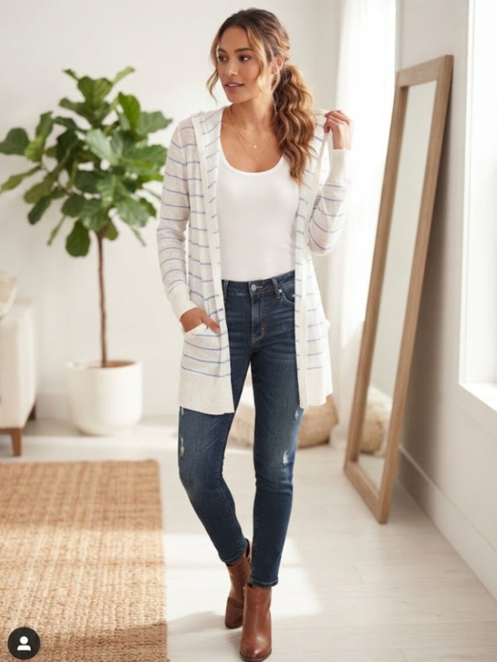 Cynthia Rowley White & Blue Striped 100% Linen Cardigan-XS-fits M - MSRP $118